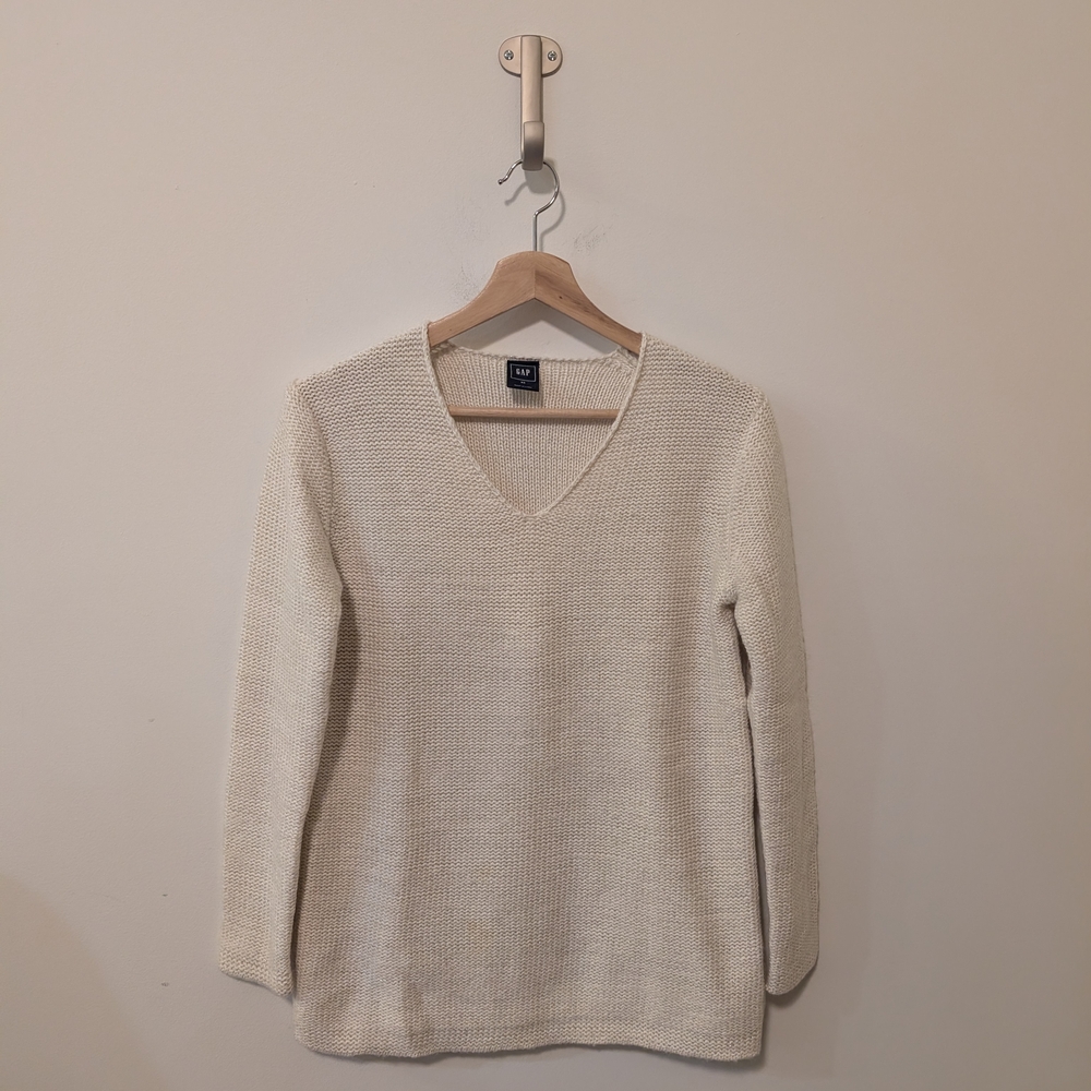 Gap Cream And Silver Metallic Wool And Cotton Blend V-Neck Sweater Women Size XS